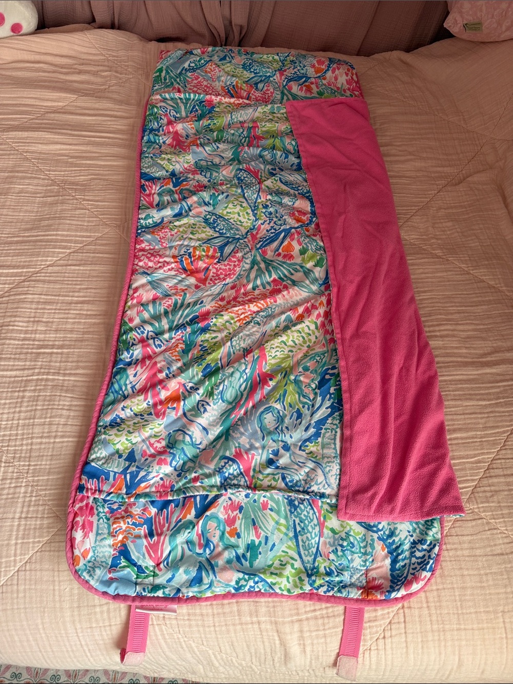 Lilly Pulitzer / Pottery Multicolor Mermaid Print Sleeping Bag with Pink Backing